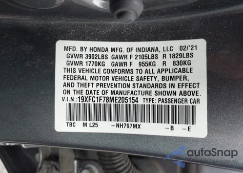 2021 Honda Civic Ex-L из США, поврежденный, VIN 19XFC1F78ME205154